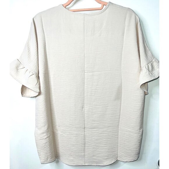 Zenana Crinkle Texture Beige Short Sleeve Top With Ruffle Detail S 100% Polyeste - Picture 2 of 5